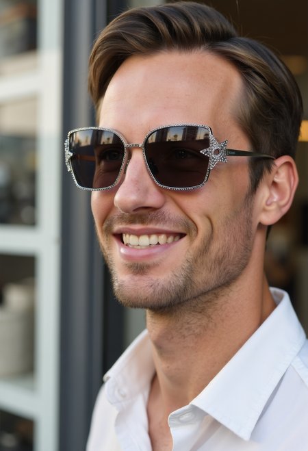 clo035, head shot of a man, wearing a Christian Dior sunglasses with a metal frame and black lenses. The sunglasses have a star-shaped design. white shirt, looking in the camera, smiling, in a fashion store