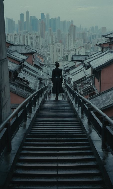 xxmix, top of endless Staircase,  watching endless Staircase city,  cyperpunk style,  endless flying Lantern lighting,  endless people,  cyborg style, HZ Steampunk, cyborg style, cyborg, Movie Still, Film Still, ink scenery