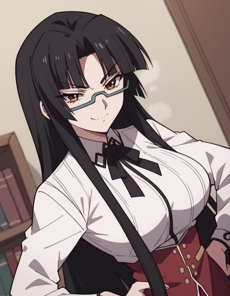 score_9, score_8_up, score_7_up, source_anime, <lora:tsubaki-shinra-s2-ponyxl-lora-nochekaiser:1>, tsubaki shinra, long hair, black hair, brown eyes, glasses, semi-rimless eyewear, under-rim eyewear, parted bangs, bangs, blunt bangs, large breasts, shirt, ribbon, school uniform, white shirt, black ribbon, neck ribbon, long sleeves, skirt, red skirt,, bookstore, browsing shelves, new book smell, finding a favorite, quiet atmosphere, smile, , smug, hands on hips,, solo,, cowboy shot, dutch angle,