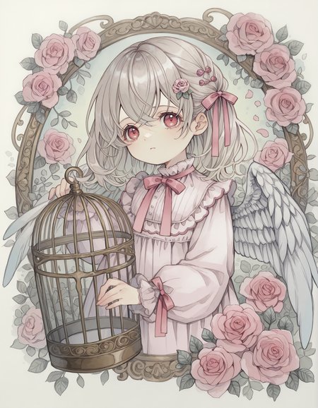 masterpiece,  best quality, newest, highres, absurdres,   <lora:rusetsuksr_style:1>,rusetsuksr_illu, 1girl, flower, solo, wings, ribbon, rose, cage, pink flower, red eyes, pink ribbon, traditional media, hair ribbon, looking at viewer, pink rose, long sleeves, painting (medium), hair ornament, upper body, feathered wings, birdcage