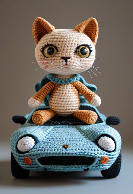Lamborghini, cat sitting on bonnet, by saint exupery, crocheted style