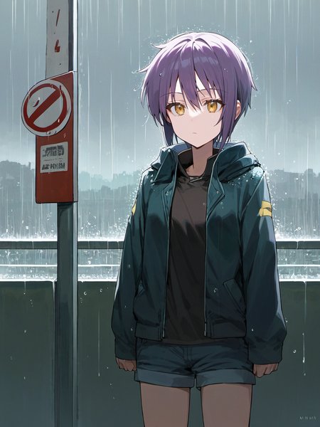 score_9, source_anime,
nagato yuki, purple hair, short hair, yellow eyes, standing, expressionless, 
rain, bus stop, shorts, jacket
 <lora:nagato ponyDiffusionV6XL_v6StartWithThisOne 8x16 AdamW8bit__cosine__1708806036:0.4>