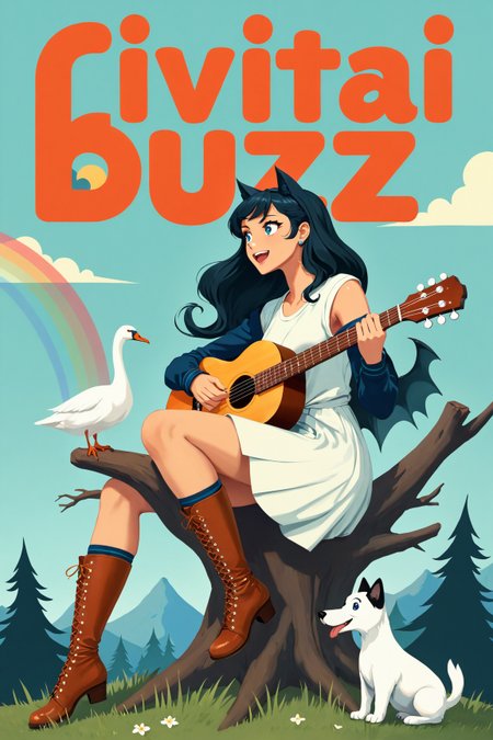 A medium-sized poster of a man batman, wearing a white dress and brown boots. She is sitting on a tree trunk, holding a guitar in her hands. The background of the poster is a light blue, with the word "Civitai Buzz" in large orange letters. There is a white swan, a black and white dog, and a rainbow in the background. There are trees and a mountain in the bottom left corner of the frame. The word "blue buzz is sux" is written in blue letters.