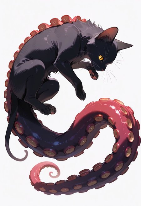 (masterpiece, best quality, high quality, highres), very awa, highres, absurdres,
 (no humans:1.1), (solo:1.2), full body,
(black cat:0.6), (octopus:0.7), (fluffy:0.4), (tentacles:0.7), (multiple limbs:0.7), paws,
simple white background,