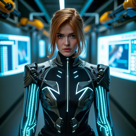 biomechanical cyberpunk biomechanical style ultra quality, cinematic, looking at viewer, dynamic posing, heroic pose, A futuristic woman in a newly-upgraded battle suit, standing in a high-tech lab filled with holographic displays and robotic arms. The suit is a blend of metal and fabric, with luminous circuitry tracing her limbs. Her gaze is determined, eyes glowing faintly with augmented vision. Analog camera shot with a soft, cinematic depth of field, capturing fine details in her suit's construction. Cool-toned lighting with subtle reflections on the metallic surfaces.  <lora:jialissa-ultimatev2:1> . blend of organic and mechanical elements, futuristic, cybernetic, detailed, intricate . cybernetics, human-machine fusion, dystopian, organic meets artificial, dark, intricate, highly detailed