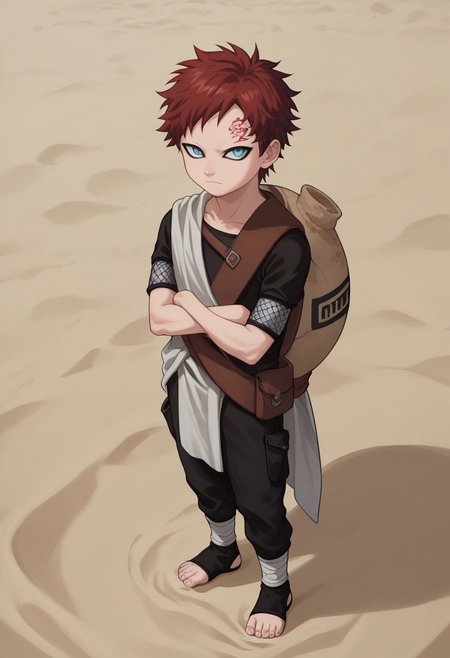 score_9, score_8_up, score_7_up, highly detailed, cute boy, 1boy, solo, young, Gaara, Red Hair, Pale Blue Eyes, Facial Mark , Black Short sleeve shirt, White Cloth Sash, white cloth loincloth, leather strap, gourd, black pants, toeless footwear, arms crossed, sand
