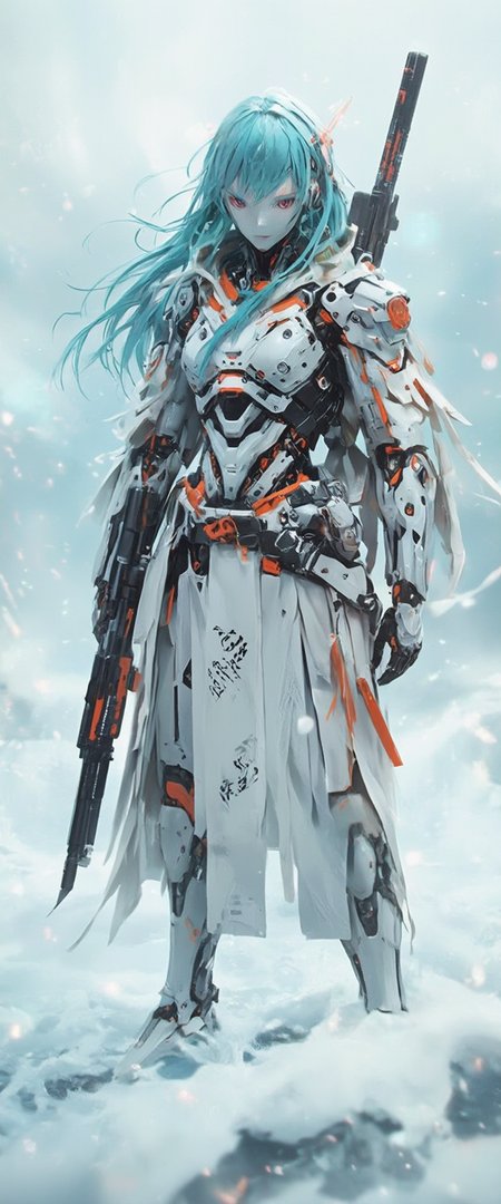 anime art style,cyberpunk, A sesquipedalian depiction of a solitary female cyborg, ensconced in an exoskeletal carapace of pearlescent white and tangerine, stands against a cerulean expanse. Rendered in a hyperrealistic style, the composition is a medium shot, captured from a low angle, imbuing the subject with an air of formidable puissance. Her cerulean tresses, like silken filaments, cascade around her, posing with the angularity of her mechanized form. The meticulous detail extends to the patina of wear on her armor, hinting at battles fought and victories won. The emphasis should be placed on the intricate network of mechanical sinews and pneumatic actuators that articulate her every move. Her gloved hand grip hard really heavy gun,  assalut rifle made from black shiny steel. The background is a blurred tableau of an arctic tundra, the ethereal luminescence suggesting a nascent dawn or the ghostly aurora borealis.
