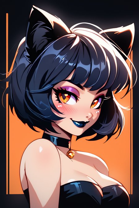 score_9, score_8_up, score_8, medium breasts, (curvy), cute, eyelashes,       BREAK, , BREAK, black background, 1girl, solo, looking at viewer, short hair, black hair, crop top, cat ears, busty, animal ears, sleeveless, strapless, orange eyes, upper body, makeup, choker, lipstick, eyeshadow, orange background, black lips,  <lora:KuroCAT_Style:1.0>,, <lora:Konpeto_PDXL_v3:1.0>, , BREAK,  smile, looking at viewer, cowboy shot,  embedding:zPDXL, Expressiveh, <lora:SDXLFaeTastic2400:0.5>,  <lora:Expressive_H-000001:0.4>,