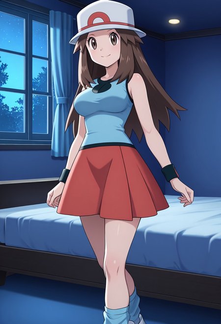 masterpiece, quality,worst, anime screencap,8k,4K, leaf (pokemon),1girl,solo,brown eyes, brown hair, long hair, long hair, hat, blue shirt, sleeveless, wristband, red skirt, blue socks, white footwear,,large breasts,smile, closed mouth,Interior, room, bed,  dark room, window, night light,cowboy shot,lower body,