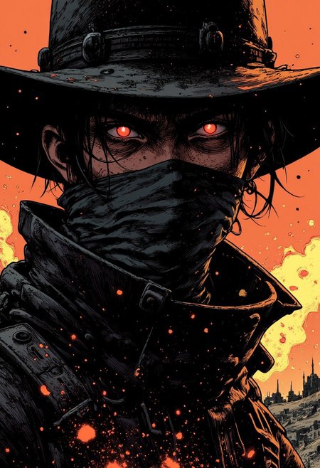 nistyle, two tones bleaked manga sketch with deep blacka, A Closeup Portrait of a DARK outlaw cowboy, extreme Closeup of His Face - shrouded in mystery. He wears a, tattered high collar scarf that billows dramatically in the wind, creating a striking contrast against the rugged landscape. Hyperdetailed badass Closeup, hyperdetailed, deadly Gaze,