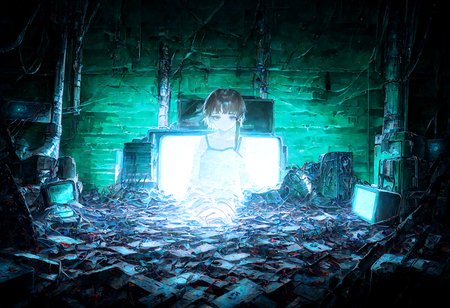 masterpiece, best quality, amazing quality, very aesthetic, absurdres,  newest,
1girl, iwakura lain,  solo,  thigh_gap , dark_background, cable, looking_at_viewer ,pile , spaghetti_strap , utility_pole,wire, monitor,entangled, digital_rain,
optical illusion,yoneyama mai,quasarcake:0.7, rolua, negative space, cinematic shot, very awa, science fiction,matrix, code, digital,computer, glitch, covered  in wire, green background, wild shot,
<lora:cfg_scale_boost:0.7>, <lora:illustrious_noobai_epsilon_pred_11_very_aesthetic_v1:0.6>, <lora:illustrious_noobai_epsilon_pred_1_masterpieces_v1:0.6>, <lora:illustrious_noobai_epsilon_pred_1_best_quality_v1:0.6>, <lora:Lain_PonyXLv3:0.7>, <lora:Code__Digital_World_Morph_v2_PONY_XL_by_UOC:0.7>, <lora:USNR STYLE_XL_loha:0.7>
