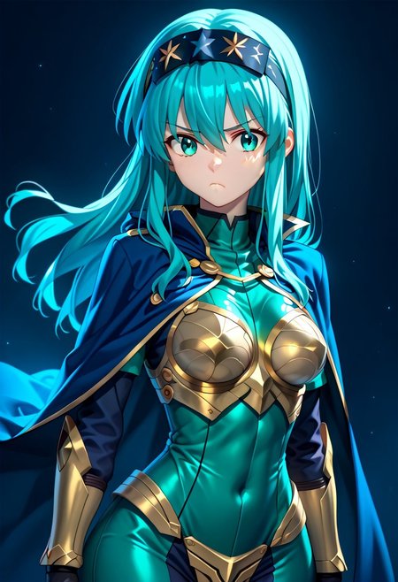 score_9, score_8_up, score_7_up, ((solo)), calm, pout, closed mouth, 1girl, solo, (medium breasts, thin waist, wide hips), peaceful, closed mouth, adult, (((eirika face))), (((cyan hair, cyan eyes))), ((long hair, hair between eyes)), (((indigo cape, metal headband, green metal_uniform, metal breast_armor))), no background, dark background, cowboy shot, dark background, portrait, Expressiveh,