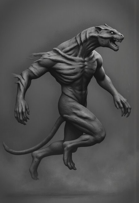 aidmaMJ6.1, Made out of paper, a PaperStyle , d4artstyle, d4concept, , d00mstyle, made of clay, ZBClay model of a gray sculpture
A terrifying, predatory creature with a sleek, muscular build resembling a mix of dinosaur and feline traits. Its skin is rough and textured, with a pattern of dark stripes running along its body, enhancing its predatory appearance. The creature's head is elongated, featuring a wide, gaping maw filled with sharp teeth and a set of piercing eyes that convey a sense of primal ferocity. It has powerful limbs ending in clawed digits, designed for slashing and gripping prey. The tail is thick and appears to phase or blur, suggesting some form of supernatural or otherworldly movement, as if it can shift or vibrate rapidly. The overall design blends elements of prehistoric and fantastical horror, emphasizing its speed and lethal nature.
Background solid color with a faded dimly lit, fog-covered darkness tone that emphasizes its silhouette. 
 The medium is not a traditional painting or illustrative medium like watercolor or ink but rather a digital rendering, eerie and unsettling.