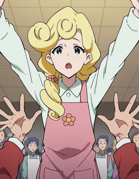 score_9, score_8_up, score_7_up, source_anime, <lora:kaori-hanase-s1-ponyxl-lora-nochekaiser:1>, kaoru hanase, long hair, blonde hair, hair over shoulder, green eyes, curly hair, otoko no ko,, apron, shirt, collared shirt, long sleeves, pink apron, denims, pants,, courtroom, judge, witness stand, audience, formality, , on back, arm support, arms up, incoming hug, pov, reaching, reaching towards viewer,, looking at viewer, solo,, dutch angle, cowboy shot