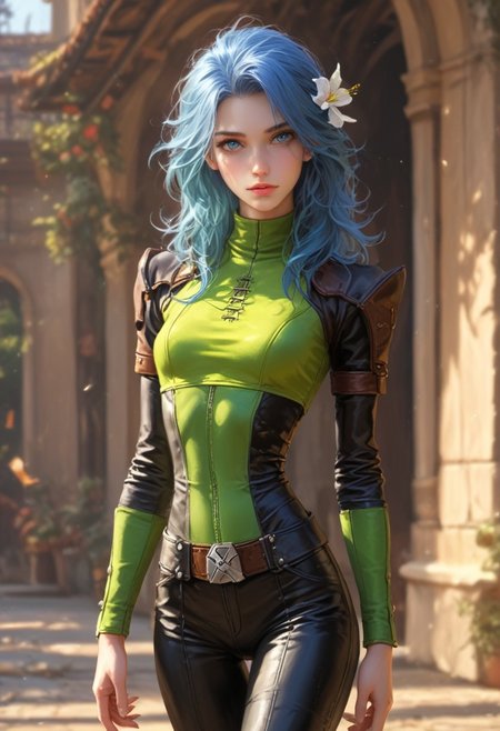 score_9, score_8_up, score_7_up, score_6_up, score_5_up, score_4_up, 
(masterpiece:1.2), (best quality,:1.2), 8k, HDR, ultra detailed, ((photorealistic)), cinematic lighting, high depth-of-field, 
cowboy shot, of a beautiful mature woman, standing, 
rogue, leather armor, leather pants, 
(cornflower-blue hair, blue eyes), 
narrow waist, narrow hips, thin legs,
slim face, perfect face, perfect hands, eye contact, realistic face, realistic eyes,
background green hills at sunset,
Expressiveh