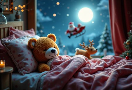 Christmas night, cute bear doll sleeping in bed, smiling and eyes closed, on the windowsill, moonlight, Santa's boots hanging on the bed, Christmas tree next to the bed, Santa Claus flying in the sky through the window An image of a reindeer sleigh with a smile on it, a smiling face, and a clay model,
aidmafluxpro1.1