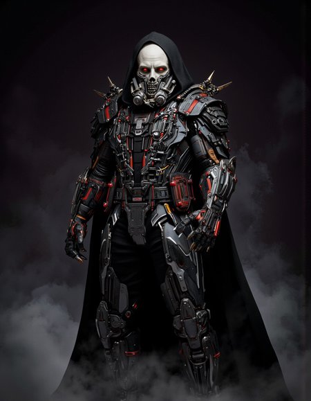 By Arthur Yuan. A photo-realistic shoot from a frontal camera angle about a futuristic cyborg character with a skull-like appearance, wearing a black hooded cloak and intricate metallic armor with red accents, standing in a dark, smoky background. the image also shows a cyberpunk aesthetic. on the middle of the image, a 1man, who appears to be in his mid-twenties, with a muscular build, standing confidently with his hands in his pockets, is facing the viewer, looking directly at the camera with a menacing expression. he has grey skin, red eyes, and is wearing a full body armor with mechanical parts, including a gas mask and a hood. the armor is detailed with various mechanical components, and the background is dark with a smoky effect, creating a dramatic and ominous atmosphere.