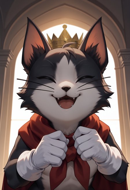 best quality, newest, absurdres, highres, (masterwork, masterpiece, best quality, hyper-detailed :1.3), 

1boy, solo,

c41t, cat boy, crown, cape, white gloves, eyes closed, looking at viewer, 

close up, happy,
