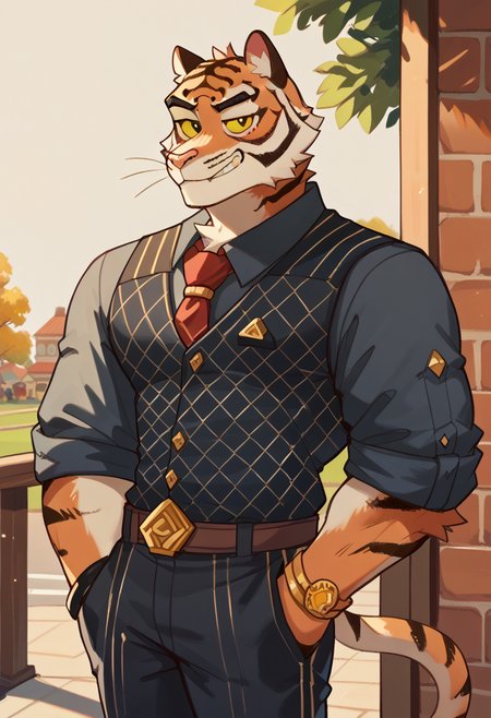 score_9, score_8_up, score_7_up, hi res, high quality, by gr3yyy, oscar, fortnite, furry, 1boy, solo, yellow sclera, black pupil, tiger boy, necktie, rolled up sleeves, pants, smug, legs out of frame, standing, <lora:Oscar_Fortnite:1>, <lora:Greyyy_Artist_Style:1>