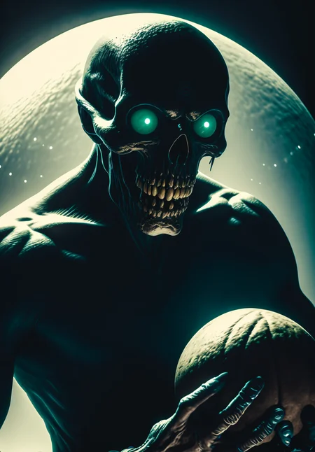 an image of a scary creature in the dark, hands holding big glowing orbs, undead cyborg head, ectoplasm, suffer, banshee, head of the man is a skull, releasing pain, embrace <lora:MoosMST4:1>