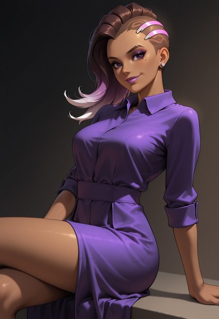 masterpiece, best quality, dark theme, 1girl,  from angle, medium breasts,
sombra \(overwatch\), dark-skinned female, undercut, two-tone hair, purple hair, brown hair, purple eyes, makeup, lipstick, overwatch, earrings, mole under eye,  looking at viewer,smile, xsombrax, collared dress, purple dress, sitting, calves, thighs
