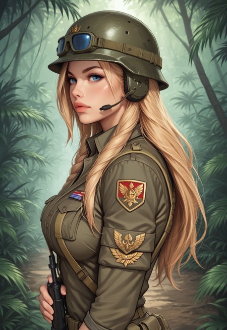 safe_pos, Curvy female soldier, athletic build, pale skin, camo full gear, Spec Ops outfit, Army helmet, toned stomach, long hair flowing in the wind, long muscular legs, ultra detailed beautiful face, full body, dynamic action pose, big bright blue eyes, holding a big plasma pistol, standing in a dense jungle with lush greenery, surrounded by tall trees and thick underbrush, sunlight filtering through the canopy, creating dramatic shadows, with a distant view of a rugged mountain range, score_7_up, rating_explicit, Expressive, (upper body:1.8), dynamic pose. ((side view))
(((full-clothed))),
 <lora:add-detail-xl:1>
 <lora:Dynamic Poses:1>