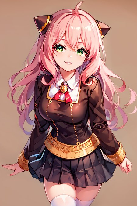 score_9, score_8_up, score_8, medium breasts, (curvy), cute, eyelashes,      ,,,   zzAnya, green eyes, hair between eyes, ahoge, pink hair, long hair, hair ornament, hairpods, smile, leaning forward, head tilt, finger on lips, detailed eyes, long sleeves, dress, school uniform, white shirt, pleated skirt, collared shirt, miniskirt, black skirt, black dress, white thighhighs, red ribbon, zettai ryouiki, neck ribbon, gold trim,  <lora:AdultAnyaPDXL:1.0>,   ,,, smile, looking at viewer,  ,,, embedding:zPDXL, Expressiveh, <lora:CatalystStylePDXL:0.6>,  <lora:SDXLFaeTastic2400:0.5>,  <lora:Expressive_H-000001:0.4>,
