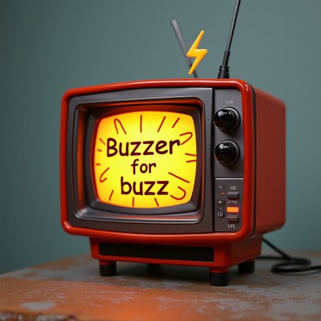 a TV game buzzer, with a lightning bolt drawn on it and the text ‘Buzzer for buzz’.