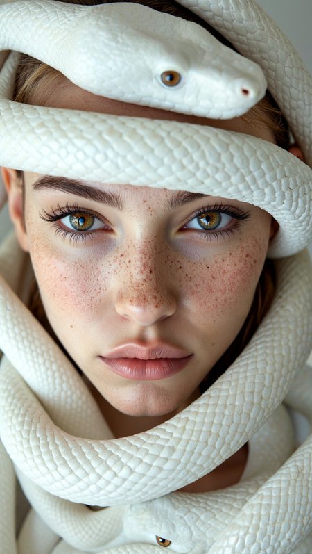 aidmamj6.1,  "A hyperrealistic fine art portrait of a serene, freckled woman with pale skin and silver eyes, her face closely entwined with an elegant white snake. The snake is coiled around her head and neck like a living crown, its scales pearlescent and smooth, its amber eyes gazing directly forward. The woman’s expression is calm and powerful, her white lashes and brows creating a ghostly symmetry with the reptile. The composition is tightly cropped, focusing on the details of skin texture, freckles, scales, and eye light. The color palette is muted and ethereal—cool beige, soft whites, warm bone tones—creating a minimalist backdrop that emphasizes the harmony between human and serpent. The lighting is diffused, creating gentle shadows and a matte finish across all surfaces. A symbolic, editorial portrait representing wisdom, beauty, and otherworldly presence."                         <lora:madison_beer_flux_lora_v1_000001800:0.5000000000000001> <lora:aidmaMJ6.1-FLUX-v0.5:0.5000000000000001>