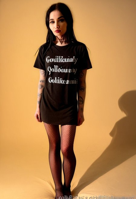 golfi, 1girl, black hair, realistic, goth, pale skin, full body, skinny, thin body, high detail, 4k, golfi eyes, natural blue-grey eyes, black t-shirt, black skirt, fishnet stockings, bedroom background, bare feet, standing, sexy posture