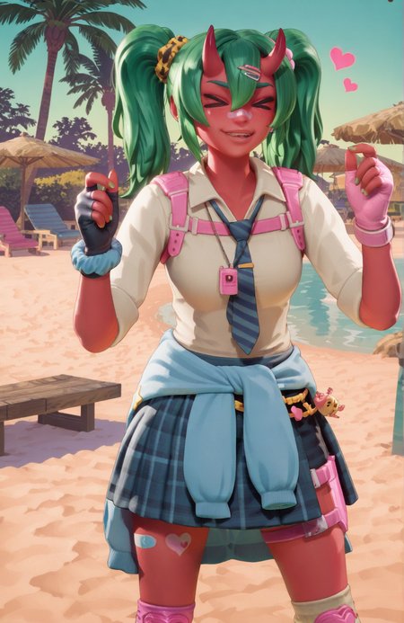 gta6style, masterpiece, best quality, absurdres, newest, very aesthetic, hyper-detailed, fortnite_nemia, 1girl, solo, green hair, twintails, ponytail, long hair, bangs, hair between eyes, hair over one eye, ears, horns, oni horns, single horn, red skin, pink skin, blue eyes, parted lips, bandaid, bandaid on nose, bandaid on thighs, breasts, shirt, school uniform, necktie, plaid skirt, thighhighs, socks, loose socks, boots, jewelry, earrings, bracelet, charm, belt, gloves, fingerless gloves, knee pads, leg warmers, collarbone, solo, colored skin, hair ornament, hairclip, scrunchie, holster, striped necktie, clothes around waist, oni, plaid, charm (object), blue necktie, sweater around waist, animal print, heart, shoes, star (symbol), thigh holster, (><, xd, silly confused expression:1.4), (tilted head, looking around cluelessly:1.3), upper body shot, standing pose, beach setting, soft pastel sky, palm trees, wooden boardwalk, funny anime energy, bright lighting, slice-of-life atmosphere, exaggerated comedic face, <lora:dmd2_sdxl_4step_lora:1>, <lora:GTA6 Key Art Style NoobA:1.2>  <lora:Fortnite_Nemia_Demonically_Cute_Set_ILXL_E41_16_DIM:0.8>