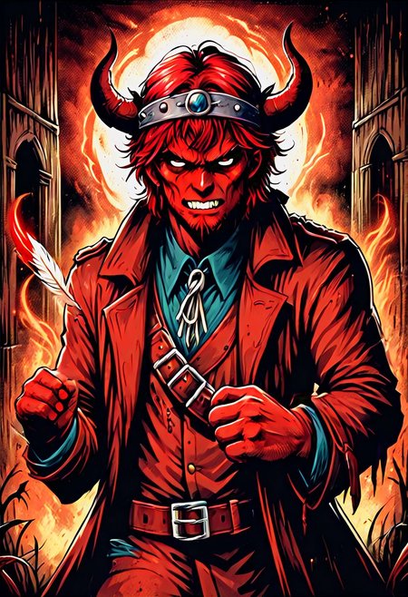 muscular red skin devil detective, with a white feather shaman headdress, trench coat, medieval fantasy, red hair, horns, Background of Hell, comical rpg