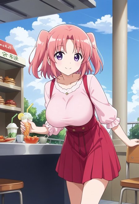 (score_9:0.9),score_8_up,score_7_up,rating_safe,anime style,(zPDXL),masterpiece, anime coloring) rating_safe, anime style, anime_screencap, source_anime,
BREAK source_anime, anime, best quality, masterpiece, rating_safe, uncensored, High quality, 8k, Ultra, Expressiveh,
BREAK (Cafe, cafe terrace, sunny weather, clouds, sun),
BREAK  1girl, kobeni, 
<lora:salopette_pony_V1.0:0.8> salopette, overall skirt,
BREAK  ((cowboy shot)),(leaning forward),(from below),
busty breasts,(large breasts:1.2),looking at viewer,smile,