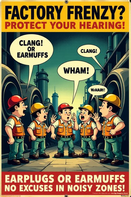 "Vintage safety poster cartoon depicting a group of cartoon workers inside a ridiculously loud factory, surrounded by enormous, clanging machinery and comical sound effect lines ('CLANG!', 'BANG!', 'WHAM!').  None of the workers are wearing hearing protection; they are all yelling at each other with speech bubbles showing garbled, unintelligible text and strained expressions.  One worker is holding his ears in pain, with exaggerated spirals indicating ringing ears.  The sign text loudly proclaims: 'FACTORY FRENZY? PROTECT YOUR HEARING!  EARPLUGS OR EARMUFFS - NO EXCUSES IN NOISY ZONES!'  Render in a dynamic, vintage cartoon style, using exaggerated sound effect lettering and motion lines to convey the deafening noise.  Utilize a visually jarring color palette of clashing yellows, oranges, and reds to emphasize the unpleasantness of loud noise. Visually stunning vintage cartoon, strong safety reminder, high detail in sound effect typography and worker's reactions to noise." <lora:REMEs_War_Poster_Style:0.9> In REME's War Poster Style,âââ