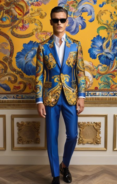 masterpiece,best quality,<lora:tbh361-sdxl:0.6>,illustration,style of Stefano Gabbana, Versace's bold baroque print suit, vibrant colors, luxury menswear, Milan fashion scene