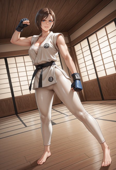 masterpiece, best quality, highres, absurdres, very awa, 1girl, solo, JVRE3, brown hair, bob cut, short hair, dougi, martial arts belt, d0j0, indoors, sliding doors, full body, blue eyes, spandex, barefoot, gloves, wooden floor, east asian architecture, raised fist, clenched hand, arm up, legs apart, cleavage, dutch angle, looking at viewer, v-shaped eyebrows, parted lips, light smile