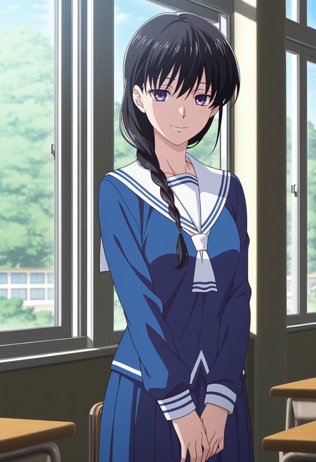 1girl,solo,mm,aged up,long hair,black hair,purple eyes,anime coloring,
braid,hair over shoulder,school uniform,serafuku,blue shirt,skirt,looking at viewer, light smile, classroom, window,day,cowboy shot, 
,masterpiece,best quality,amazing quality,<lora:Saki_Hanajima-Fruits_Basket_IL:0.8>