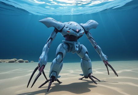 score_9, score_8_up, score_7_up, source_anime, front view, BREAK,  ( hygogg, blue_hygogg_armor, pink monoeye, from side, looking at viewer, long arms, very long arms, long claws) 1mech, blue mech, wide mech, large shoulders, large shoulder armor, mech focus, solo, BREAK, two arms, swimming, underwater, river, small fish, floating,
