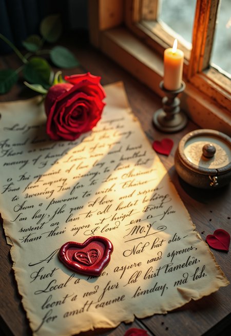 A delicate vintage love letter written in elegant calligraphy, placed on an aged parchment paper with a red heart wax seal. A single red rose lies beside it, with soft petals slightly curled. A and a old candle light stand beside. The scene is bathed in warm, golden sunlight streaming through an old wooden window, creating a nostalgic and intimate mood. Hyper-realistic details, soft-focus background.