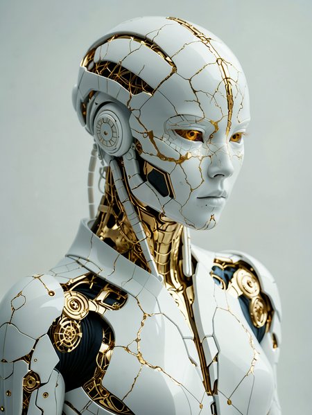 Professional photography. award winning cinematic photo.

A pure white cyborg in the Kintsugi style.