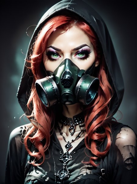 score_9, score_8_up, score_7_up, source_photo,realistic, ,<lora:gothicStyleNextPonyTheReal:0.8>,gothic style clothes,
gothicstylenext, 1girl, solo,gas mask, 1other, hood, red hair, makeup, long hair, jewelry, green eyes, looking at viewer, necklace, eyeshadow, portrait