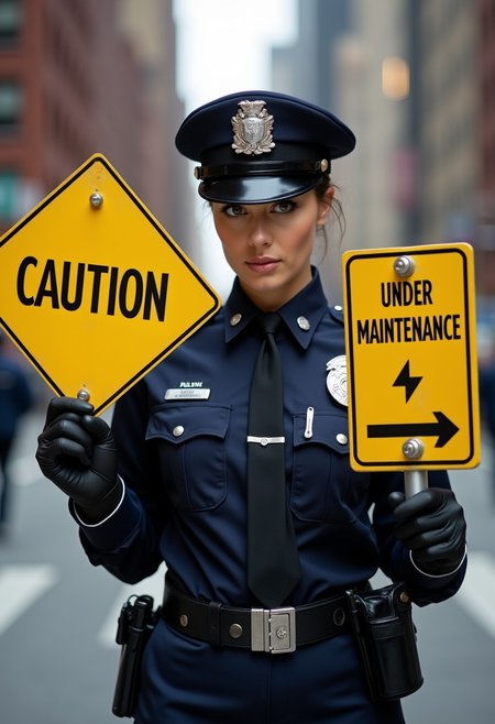 A realistic, cinematic, photograph of a pretty New York City police woman facing the camera.  She is holding up one yellow sign that says "Caution".  She is holding a second yellow sign that says "Under Maintenance".