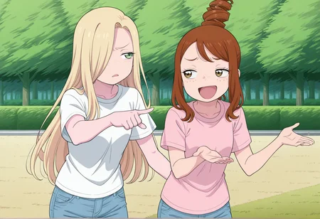 2girls, outdoors, park, anime coloring, 1girl, blonde hair, green eyes, long hair, hair over one eye, t-shirt, jeans, pointing at another, half-closed eyes, annoyed, standing <lora:Sara_Eighth_Wonder:1>
BREAK
2girls, outdoors, park, anime coloring, 1girl, brown hair, brown eyes, freckles, long hair, sidelocks, drill hair, topknot, t-shirt, jeans, smug, open mouth, looking to the side, park, standing, shrugging,  <lora:maverick_Eighth_Wonder:1>, masterpiece, best quality, amazing quality, very aesthetic, absurdres, highres, newest