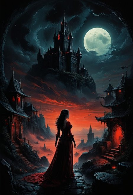 Panoramic landscape, architecture, ships, beach, sea, sunrise, Dracula Transylvania Village, enchanted castle and fortress, above the clouds, mystical atmosphere, detailed stone and wooden walls, European woman, 25 years old, devil, blood, bloody mist swirls around, Weibo, drawing, formal, black hair, devil horns, double halo, hunter's eyes, holding fingers to lips, psst, intimidating retro 90s style, red, black, sci-fi, a dark sky lit by the glow of distant moons and Neon lights.
ultra-sharp, exquisite details, flawless composition, vivid colors, masterpiece, exciting background. , High Definition HD, high details, perfect composition, 
best quality, ultra-detailed, very aesthetic, illustration, perfect composition, intricate details, absurd, atmospheric lighting, streaks of light, vibrant colors, very detailed, midjourneyv6.1, detail background, perfection, castlesland, vmpr, chiaroscuro, dark