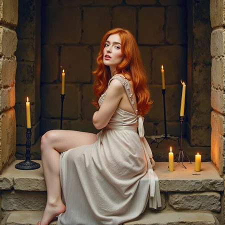 hyperrealistic art watercolor painting expressionist Inside an ancient castle, bathed in the glow of flickering candlelight, the redheaded goddess sitting on the cold stone altar, she's wearing a full victorian dress. Her fiery locks spill over the sacred ground as she gazes upward, looking at the viewer,  her lips parted in an expression of pure, sinful ecstasy. Itâs an image of contrastâholiness and eroticism intertwined, a vision of defiance in a place of restraint  <lora:jialissa64:0.9> jialis . raw, emotional, dynamic, distortion for emotional effect, vibrant, use of unusual colors, detailed . vibrant, beautiful, painterly, detailed, textural, artistic . extremely high-resolution details, photographic, realism pushed to extreme, fine texture, incredibly lifelike