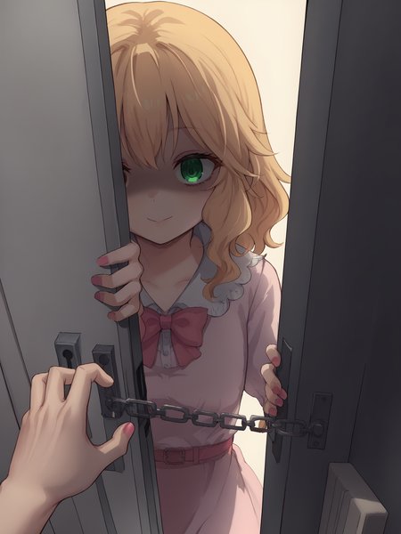 score_9, score_8_up, score_7_up, score_6_up, score_5_up, source_anime,
<lora:doorchain_Pony_v1:0.8>, door chain, open door,chain, pov doorway, opening door, peeking out,
<lora:momoka.pony:0.9>, momoka, blond hair, green eyes, medium hair, wavy hair, pink nails, pink dress,
glowing eyes, empty eyes, (shaded face:1.4), crazy smile, dark background, night,