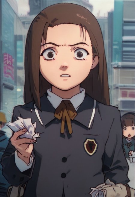 score_9, score_8_up, score_7_up, score_6, source_anime, iwakura mika, school uniform, chibi, holding tissue, looking at tissue, surprised, shibuya street background