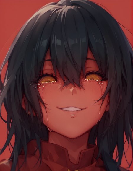 score_9, score_8_up, score_7_up,  <lora:LowKeyLightsPony:0.8>LowKeyLights,
1girl,solo,looking at viewer,smile,bangs,simple background,black hair,hair between eyes,yellow eyes,parted lips,tears,crying,portrait,red background,crying with eyes open