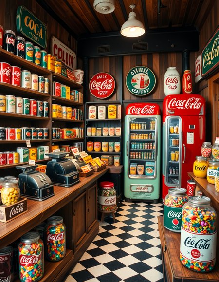 A vintage 1950s grocery store filled with nostalgic details. Wooden shelves neatly stocked with classic canned goods, glass soda bottles, and colorful retro packaging. An old-fashioned cash register sits on the wooden counter, next to a small scale for weighing produce. The checkered black-and-white tile floor adds to the mid-century charm, while hand-painted signs on the walls advertise milk, bread, and coffee in bold, retro fonts. A display of penny candy in glass jars sits near the entrance, and a vintage Coca-Cola refrigerator hums in the background. Soft, warm lighting casts a nostalgic glow over the scene, enhancing the rich textures of wood, glass, and metal, capturing the essence of a bygone era.
<lora:SDXLFaeTastic2400:0.4> <lora:extremely_detailed:0.4> extremely detailed
 <lora:1950s_grocery_st0r3:1>,1950s grocery st0r3, Masterpiece,best quality,hi res,8k,hi res,8k,award winning,(sharp focus, intricate, highly detailed),
