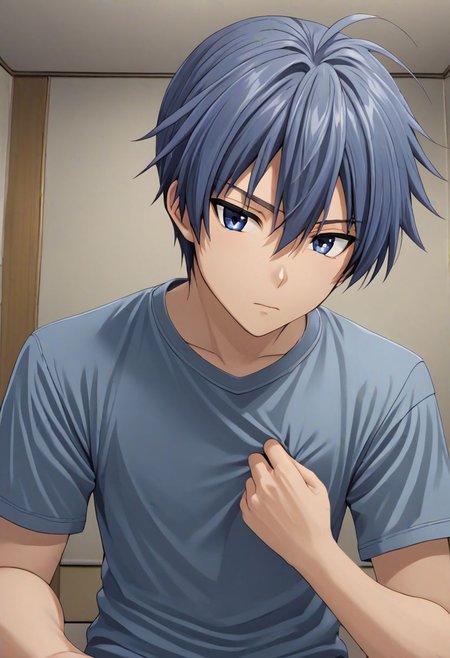 high resolution, solo, best quality, 1Boy, Tomoya Okazaki, Grey Blue Hair, kabedon POV, T-Shirt, OverallDetail